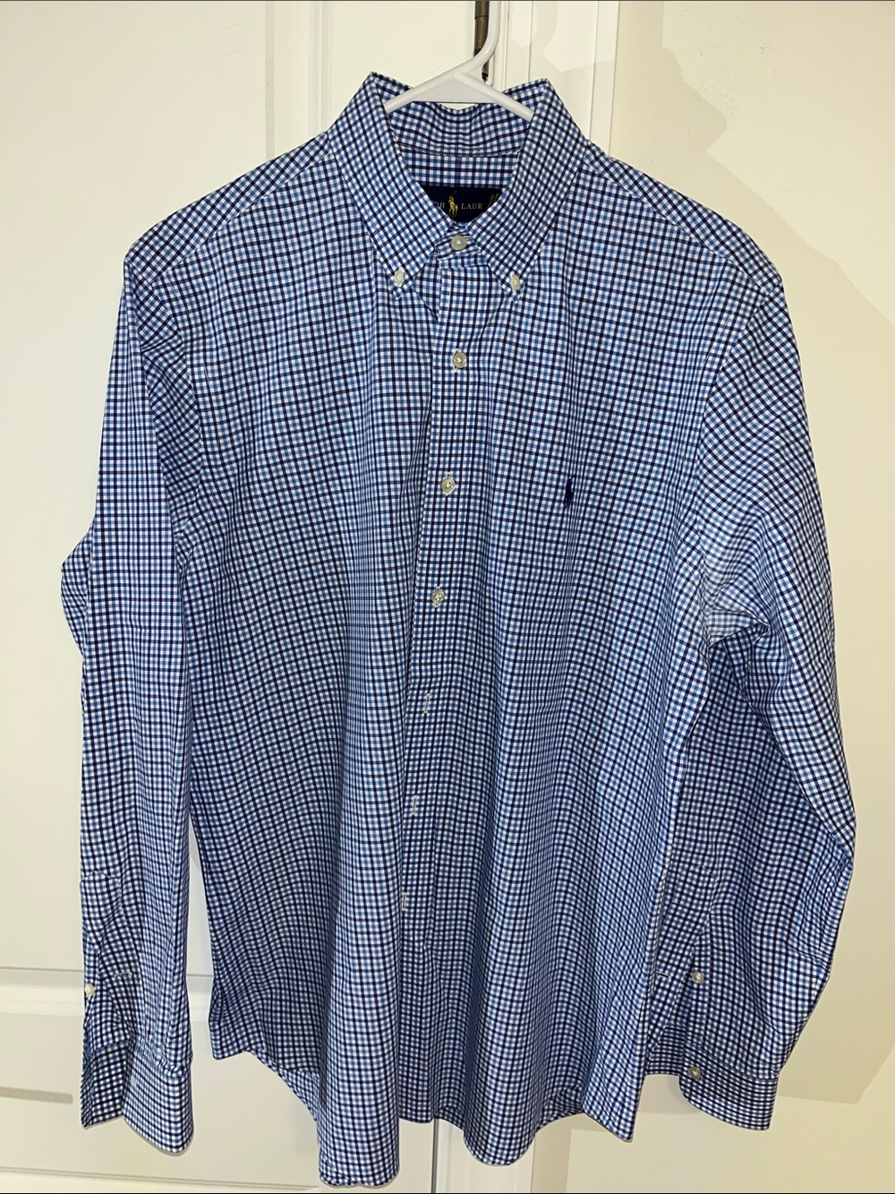 Polo Ralph Lauren Blue White Gingham Checked Plaid w/Pony LS Cotton Summer Shirt